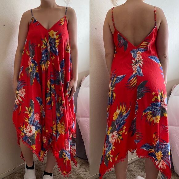 Hawaiian Red Flowy Low Back Beach Dress - Picture 2 of 11